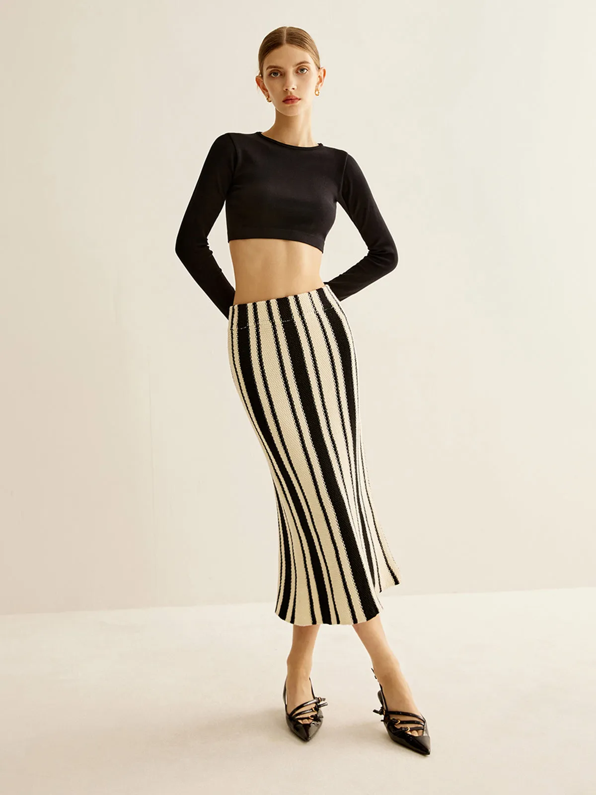 Two-Tone Pinstripe Sweater Skirt sold by COMMENSE product image thumbnail 2