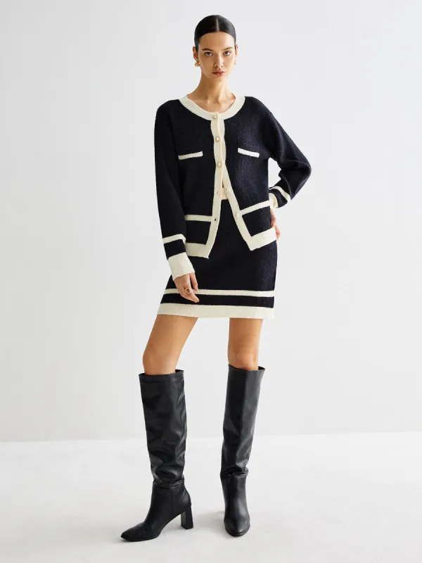 Contrast Trim Pearl-Button Sweater Co-ord sold by COMMENSE