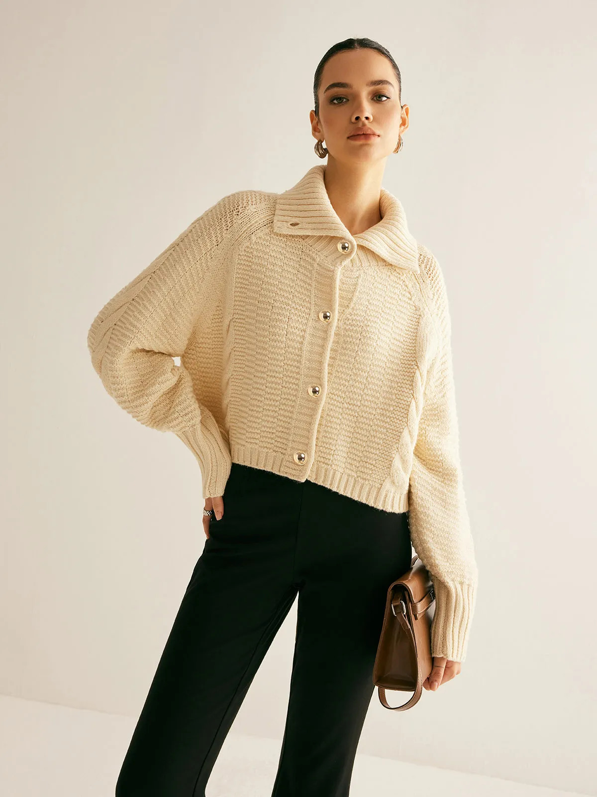 Lapel Breasted Cable-Knit Cardigan sold by COMMENSE product image thumbnail 3