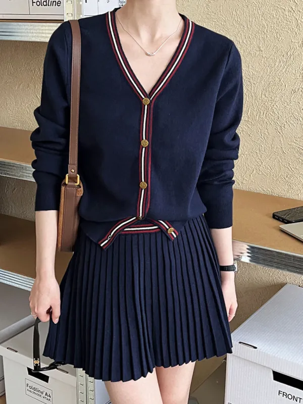 V-Neck Pleated Jersey Skirt Set sold by COMMENSE