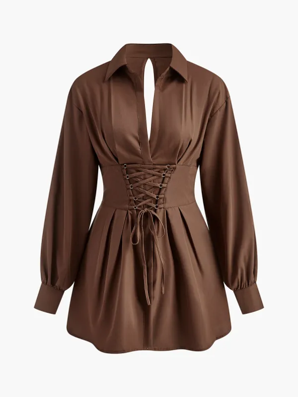 Drawstring Lapel Zipper Dress sold by COMMENSE