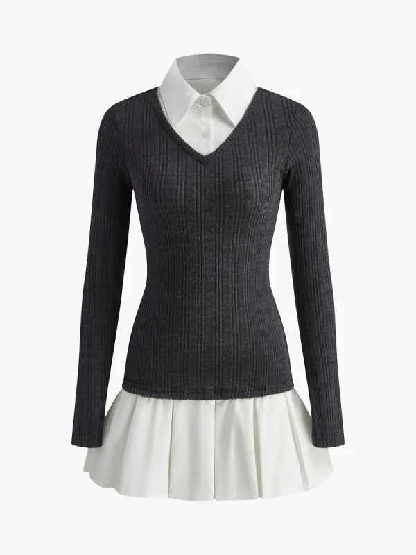 Color Block Panel Lapel Knit Dress sold by COMMENSE