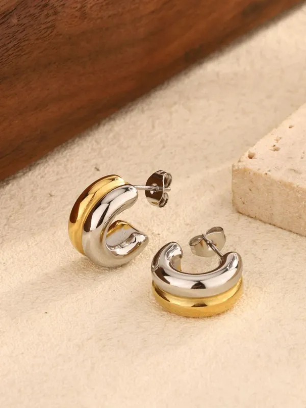 Two-Tone C-Shape Stud Hoop Earrings sold by COMMENSE