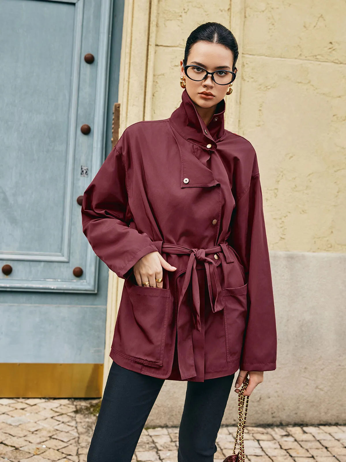 Retro Asymmetrical Belted Trench Coat sold by COMMENSE product image thumbnail 3