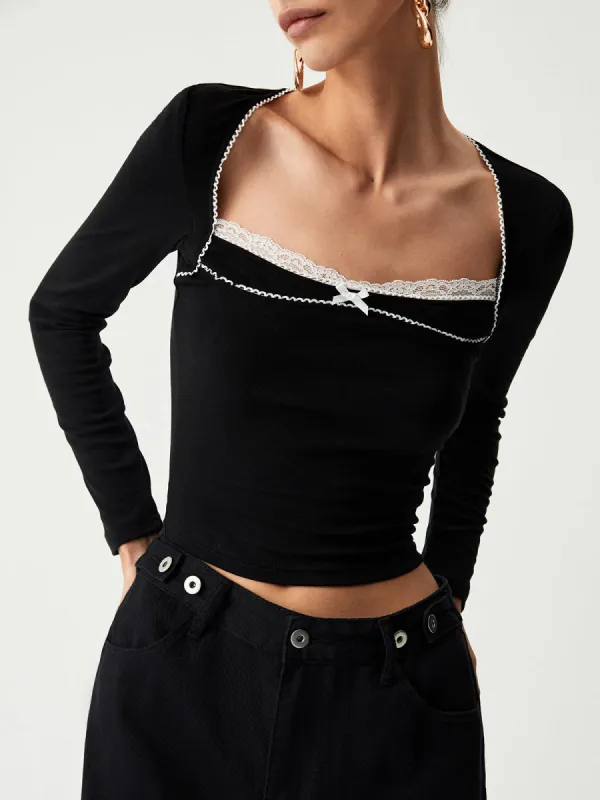Contrast Trim Lace Long Sleeve Crop Top sold by COMMENSE