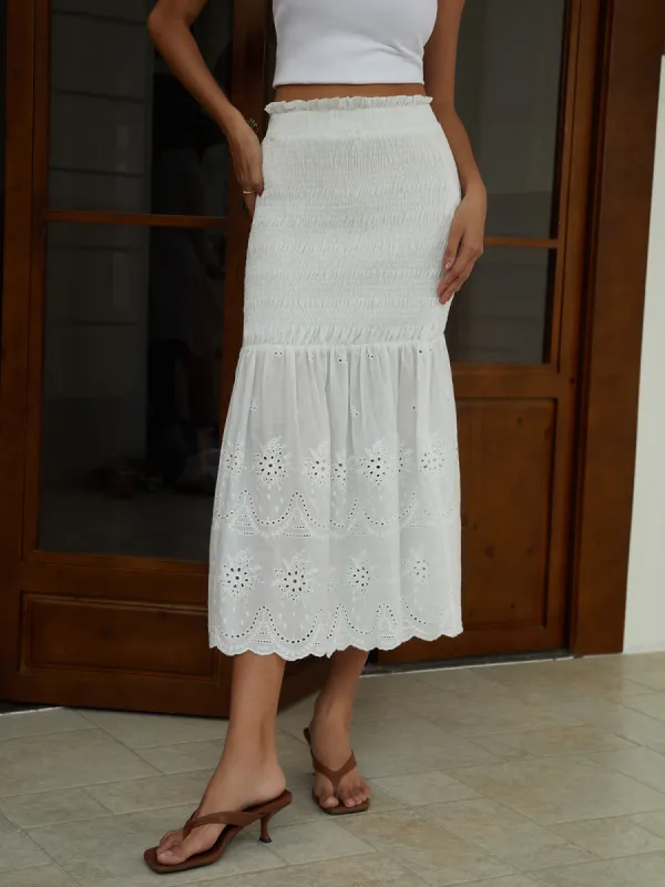 Cotton Shirred Waist Openwork Lace Hem Midi Skirt sold by COMMENSE