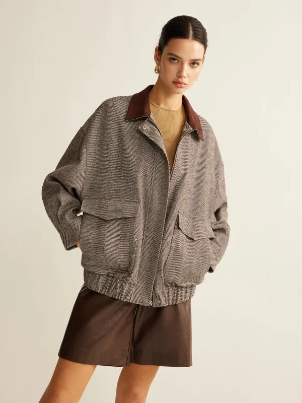 Contrast Collar Zipper Bomber Jacket sold by COMMENSE