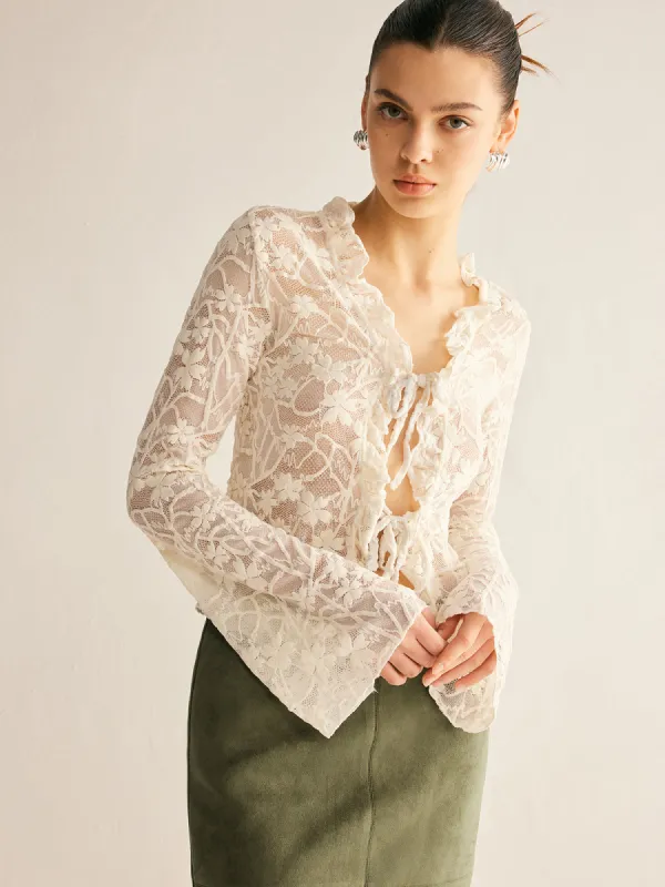 Romance Tie-Front  Lace Shirt sold by COMMENSE