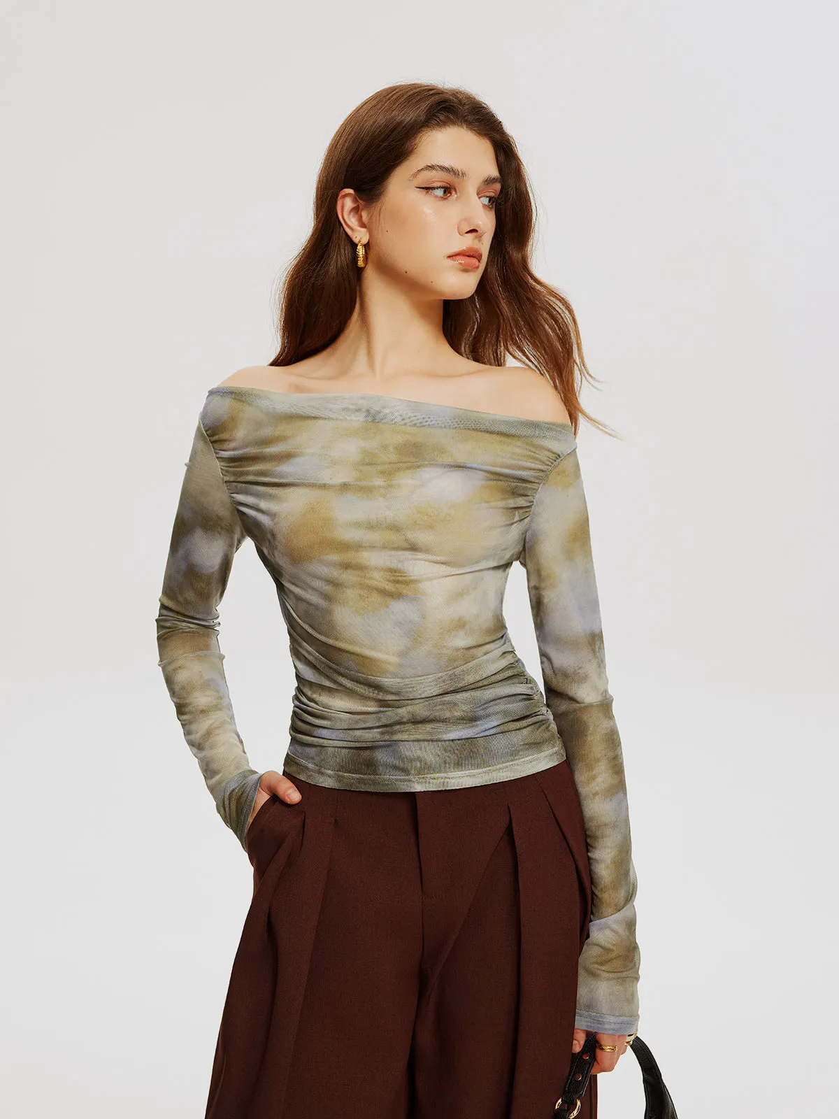 Off-Shoulder Tie Dye Pleated Top sold by COMMENSE product image thumbnail 2