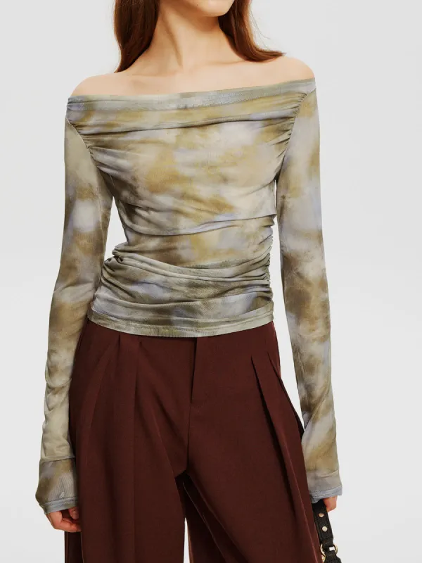 Off-Shoulder Tie Dye Pleated Top sold by COMMENSE