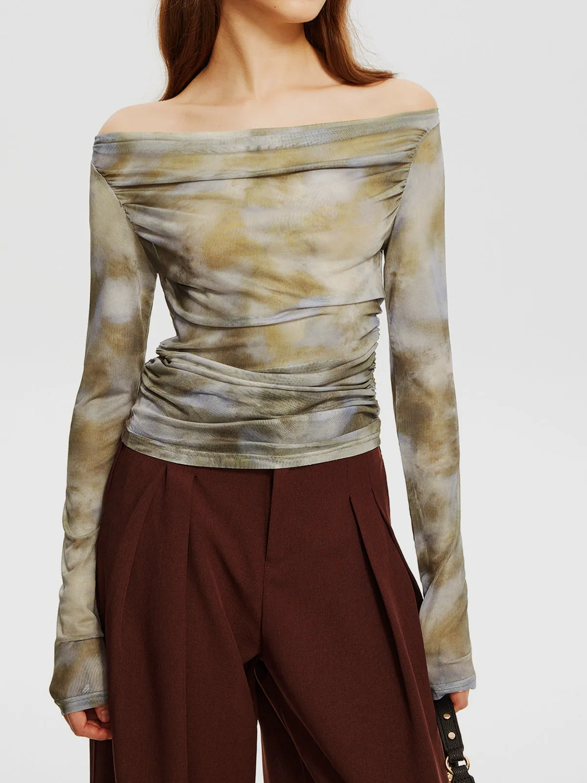 Off-Shoulder Tie Dye Pleated Top sold by COMMENSE