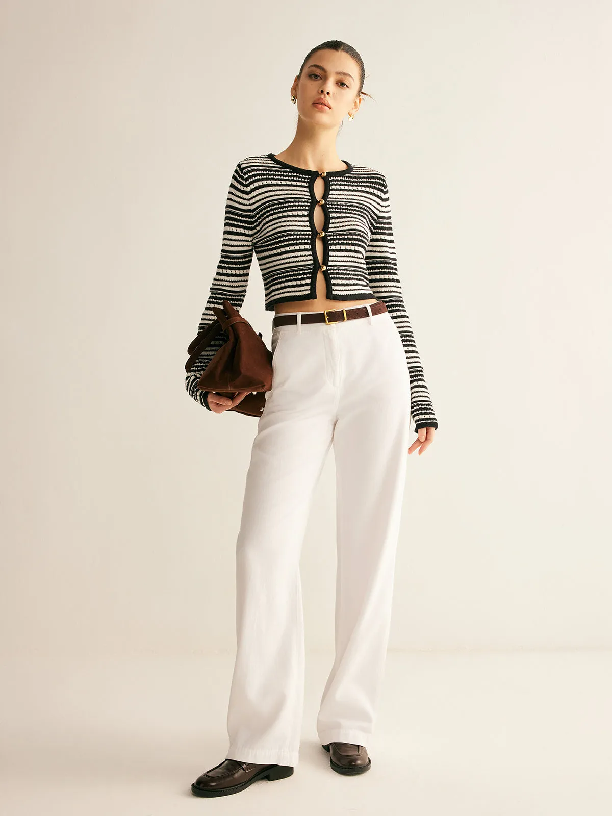 Contrast-Binding Button Cutout Crop Cardigan sold by COMMENSE product image thumbnail 2