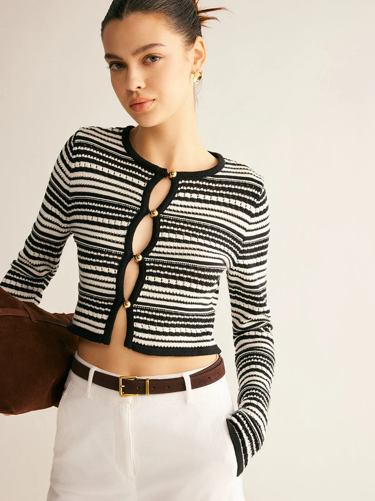 Contrast-Binding Button Cutout Crop Cardigan sold by COMMENSE