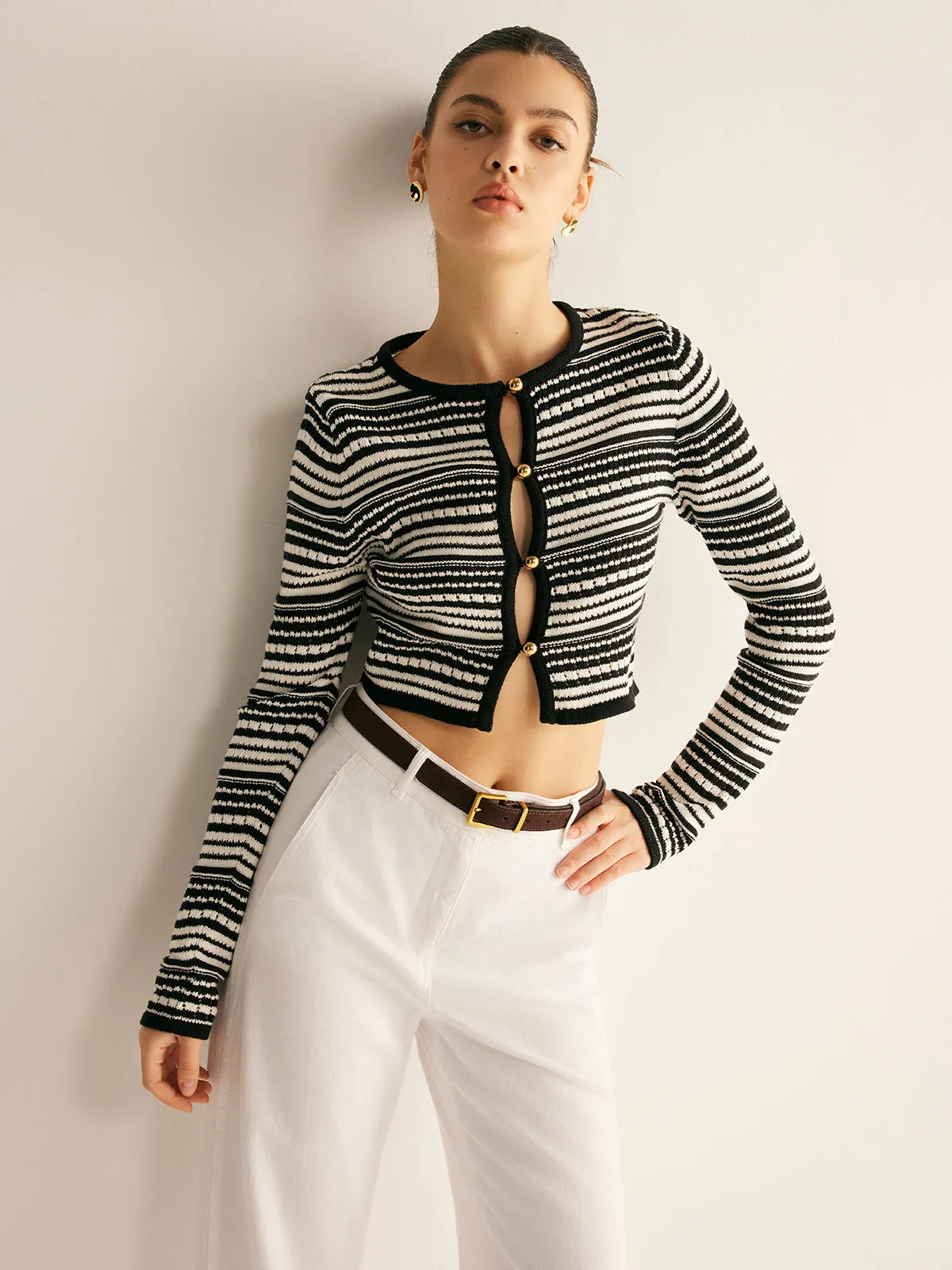 Contrast-Binding Button Cutout Crop Cardigan sold by COMMENSE product image thumbnail 4