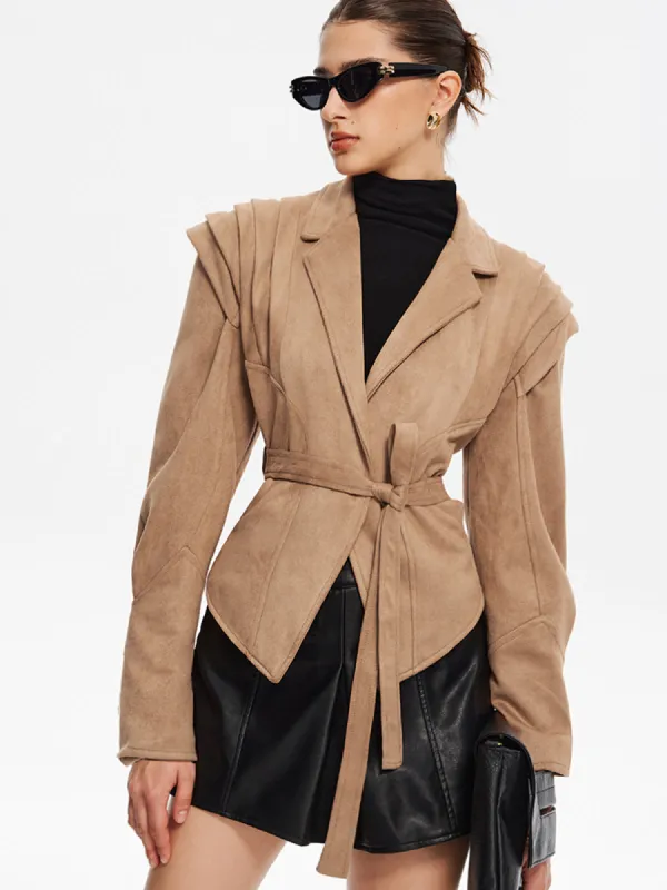 Retro Lapel Belted Short Jacket sold by COMMENSE