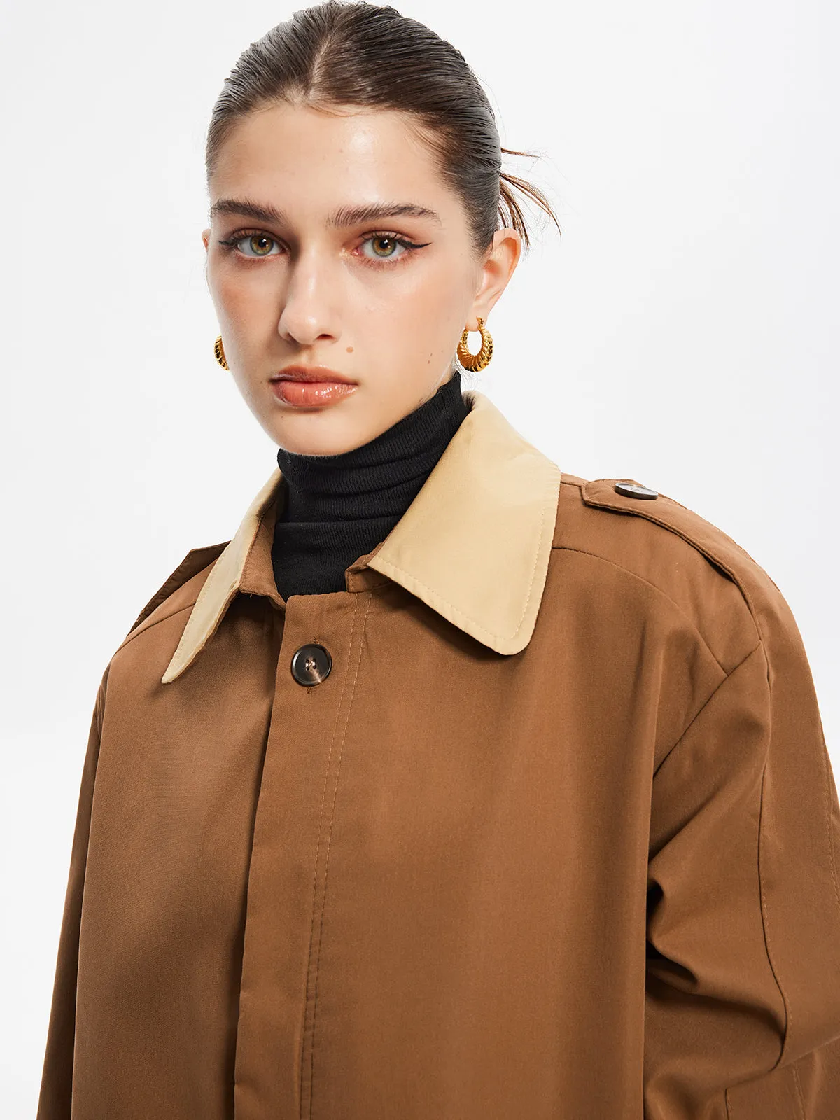 Vintage Contrast-Collar Button Trench Coat sold by COMMENSE product image thumbnail 2