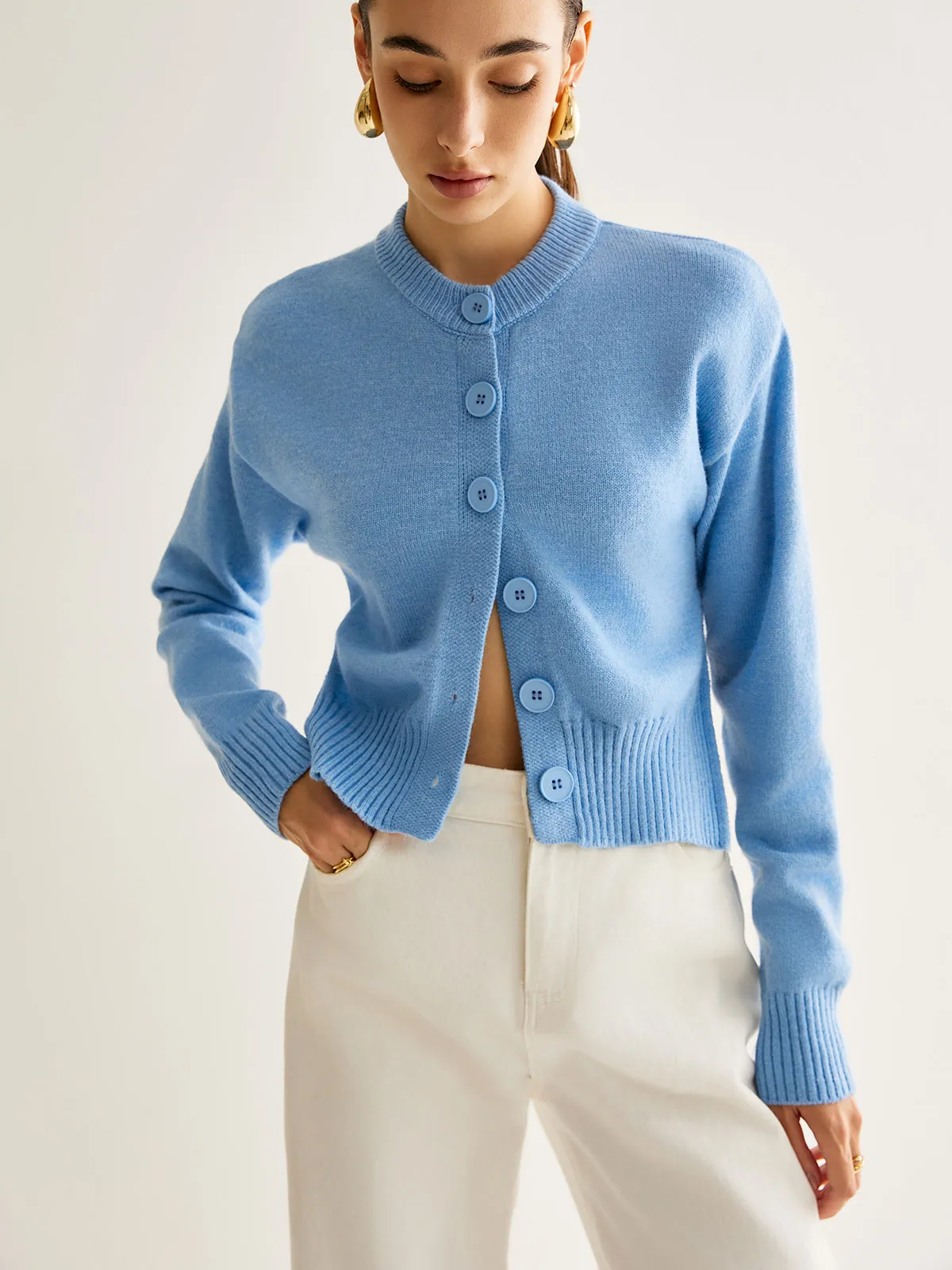 Wool-Blend Minimalist Button Cardigan sold by COMMENSE