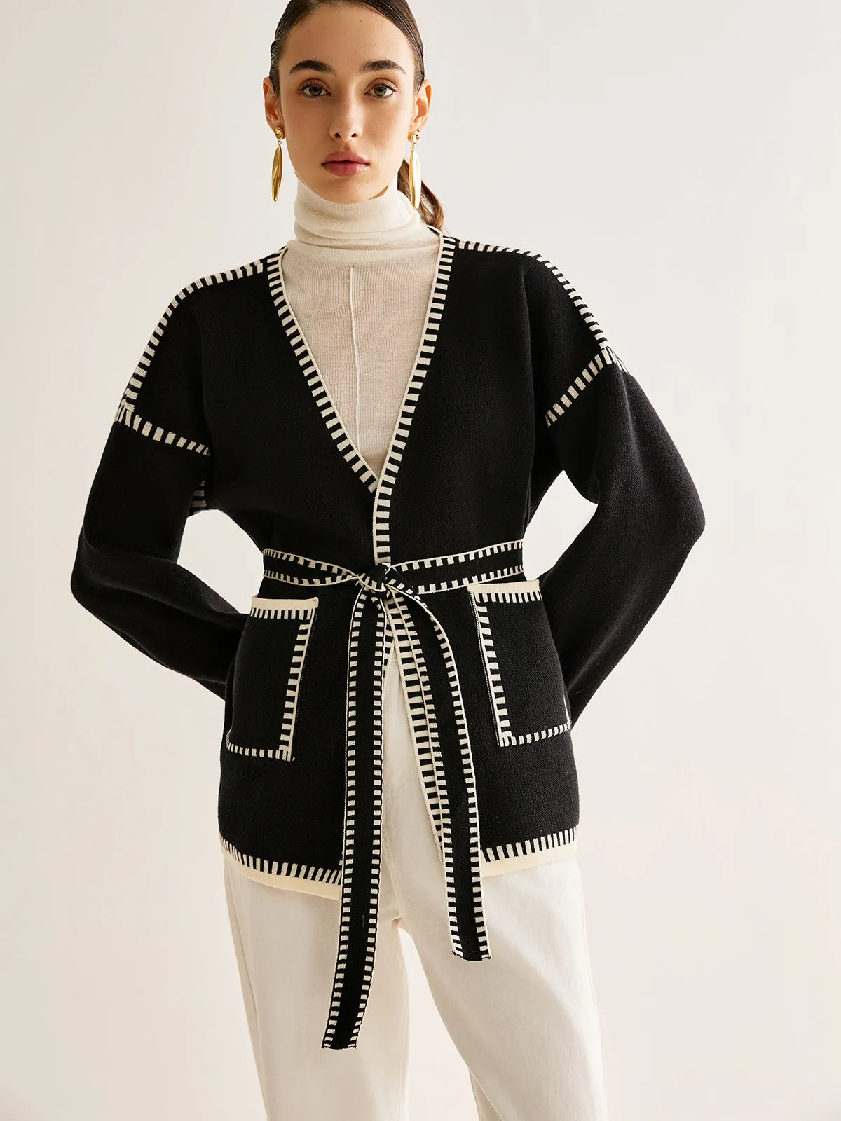 Contrast Binding Split Cardigan With Belt sold by COMMENSE product image thumbnail 4