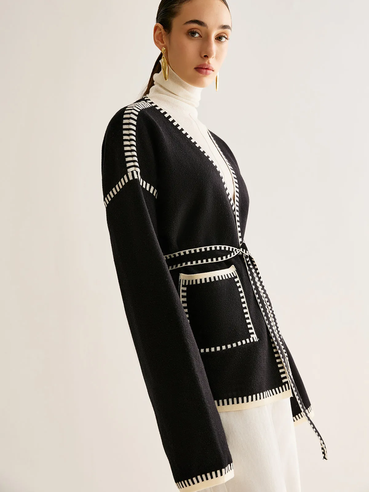 Contrast Binding Split Cardigan With Belt sold by COMMENSE product image thumbnail 3