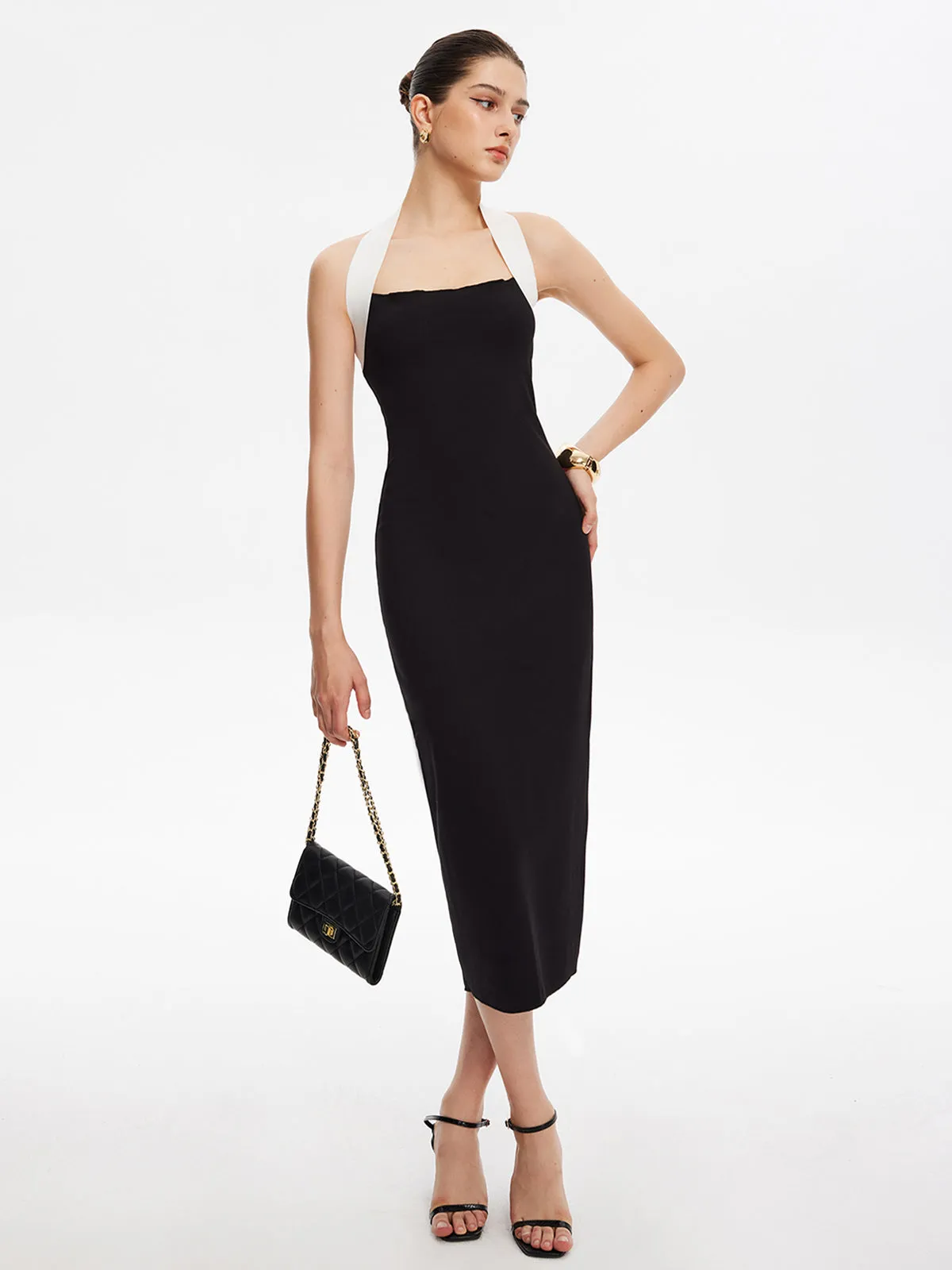Contrast-Halter Slim Jersey Dress sold by COMMENSE