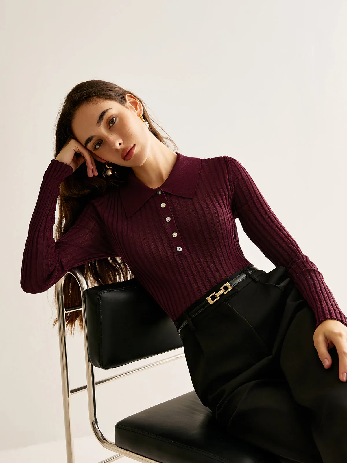 High Stretch Lapel Knit Top sold by COMMENSE