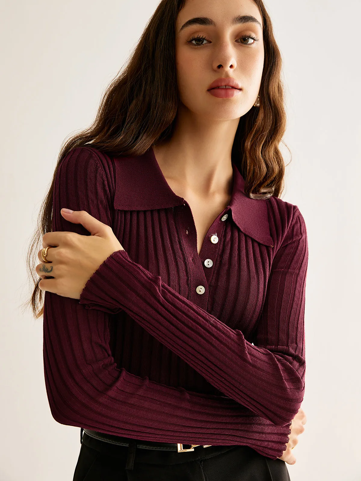 High Stretch Lapel Knit Top sold by COMMENSE product image thumbnail 5
