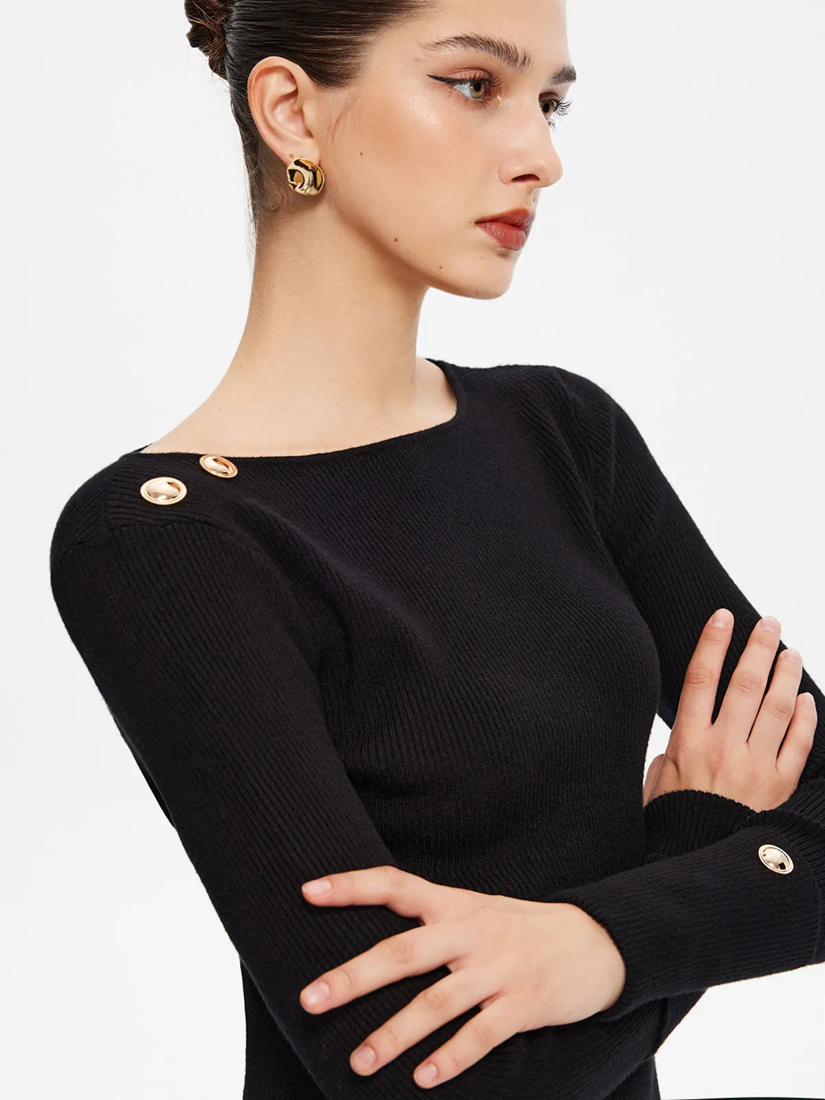 Crew Neck Metal-Detail Slim Knit Top sold by COMMENSE