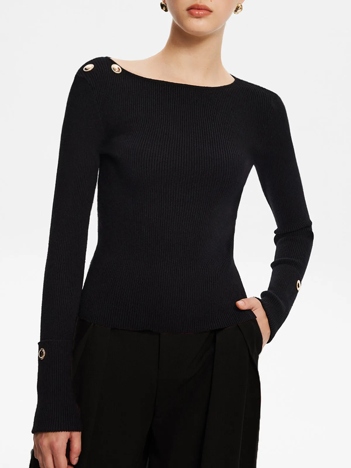 Crew Neck Metal-Detail Slim Knit Top sold by COMMENSE product image thumbnail 3
