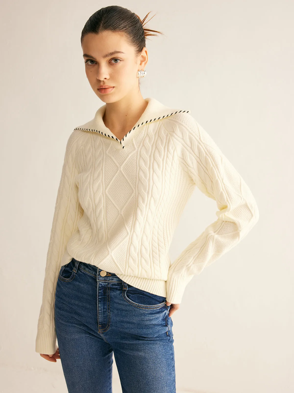 Contrast Trim Twist Sweater sold by COMMENSE