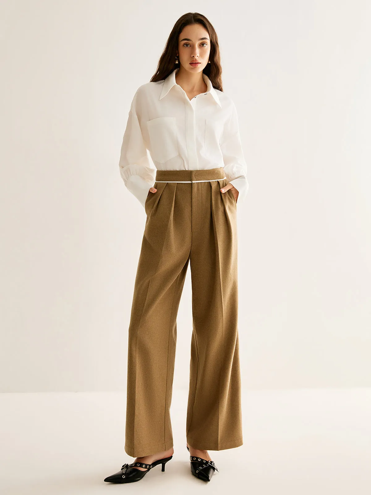 Wool-Blend Pleated Tweed Pants sold by COMMENSE