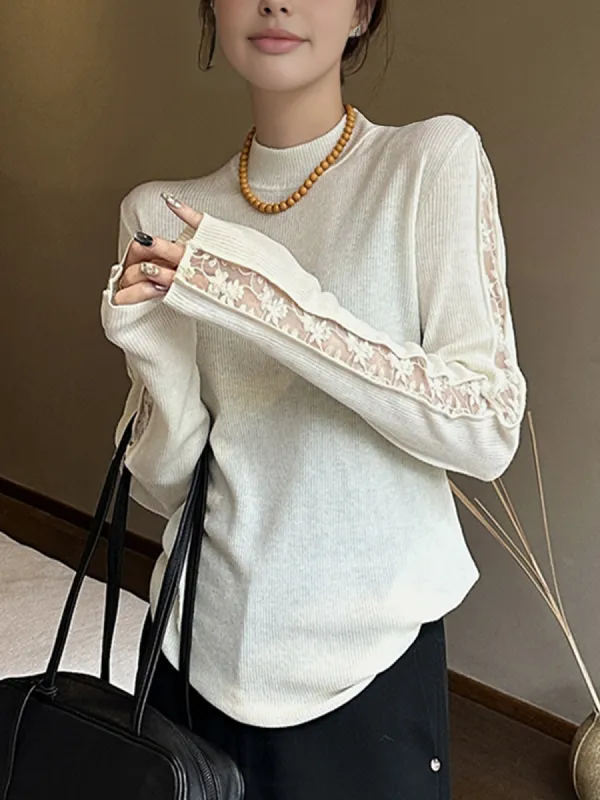 Elegant Lace Panel Knit Top sold by COMMENSE