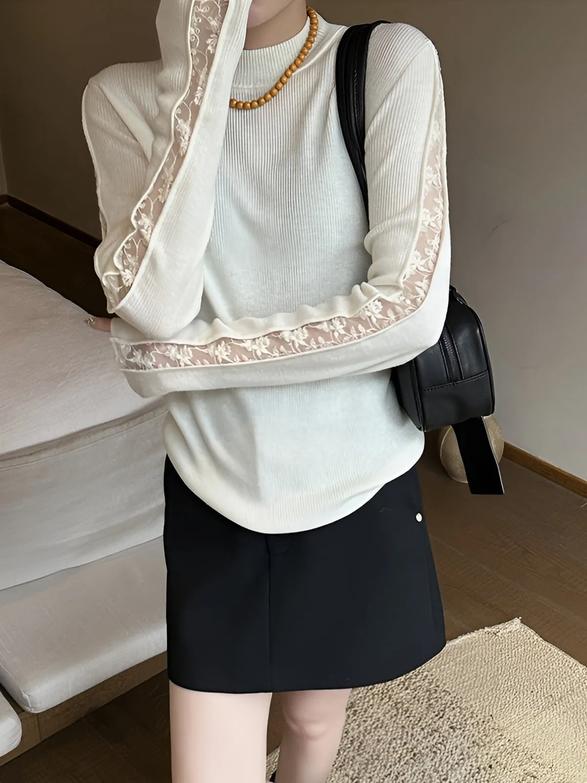Elegant Lace Panel Knit Top sold by COMMENSE product image thumbnail 2
