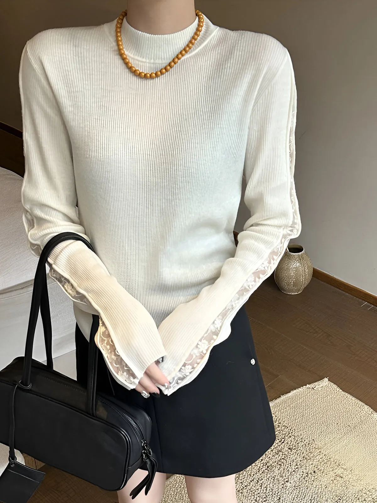 Elegant Lace Panel Knit Top sold by COMMENSE product image thumbnail 3