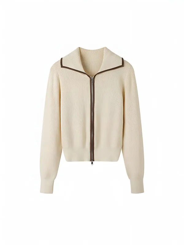 Elegant Contrast Trim Zipper Cardigan sold by COMMENSE