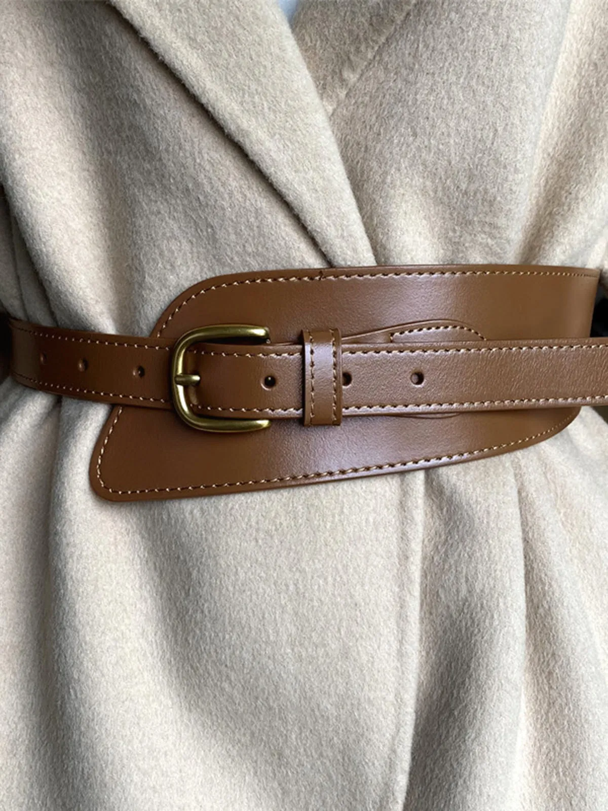 Asymmetrical Buckle Wide Leather Belt sold by COMMENSE