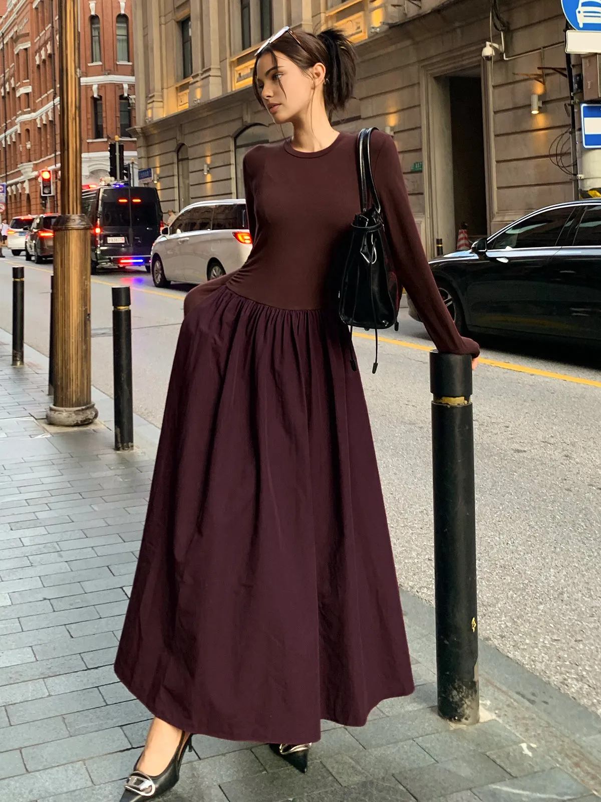 Plain Long Sleeve Pleated Dress sold by COMMENSE