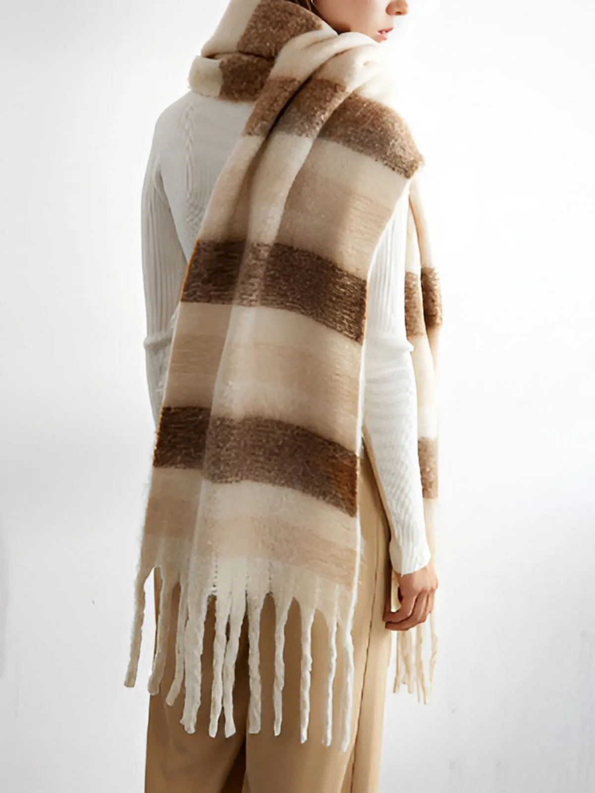 Color Block Striped Tassel Scarf sold by COMMENSE