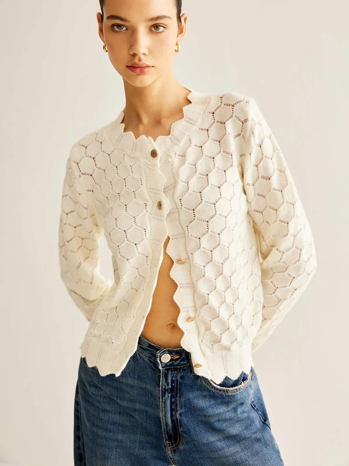 Wave Trim Hollow Out Cardigan sold by COMMENSE product image thumbnail 4