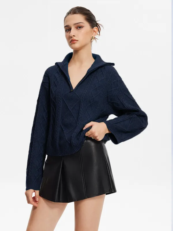 Zipper-Neck Twist Knit Top sold by COMMENSE