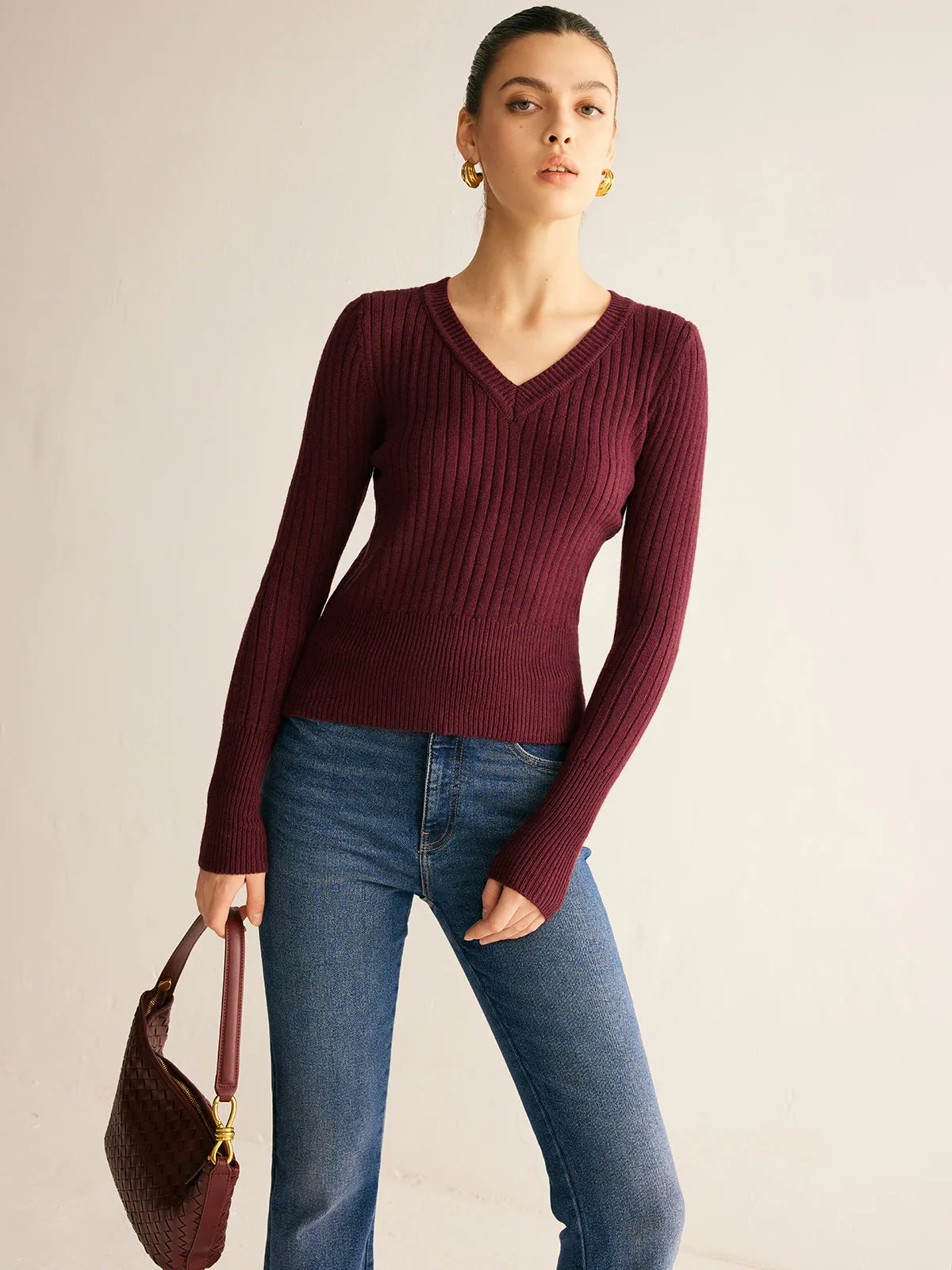 Ribbed V-Neck Skinny Sweater sold by COMMENSE product image thumbnail 2