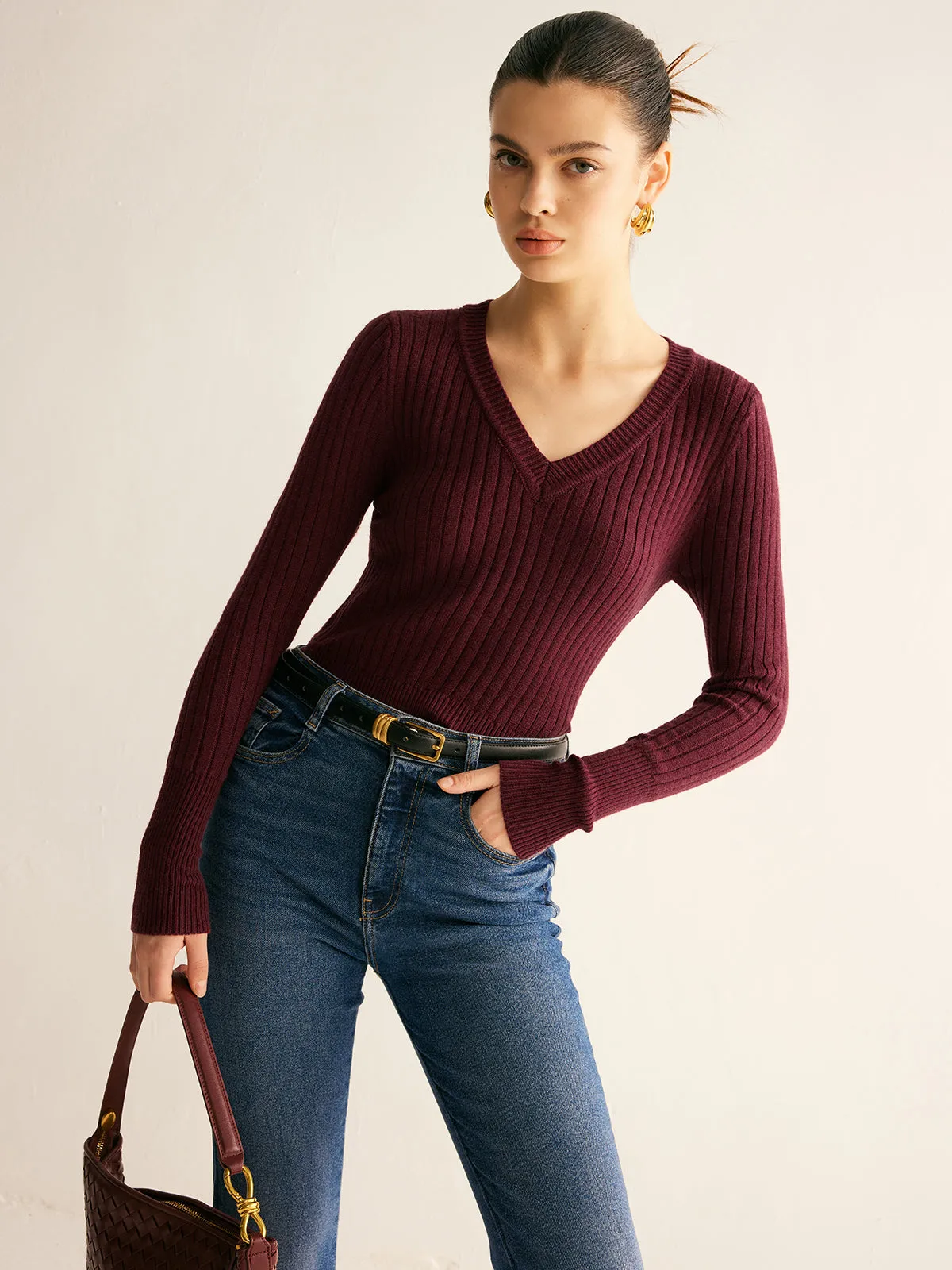 Ribbed V-Neck Skinny Sweater sold by COMMENSE product image thumbnail 3