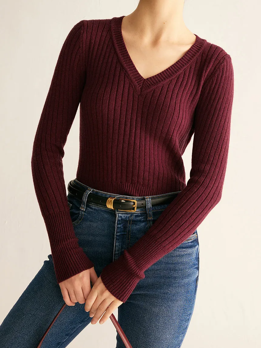 Ribbed V-Neck Skinny Sweater sold by COMMENSE