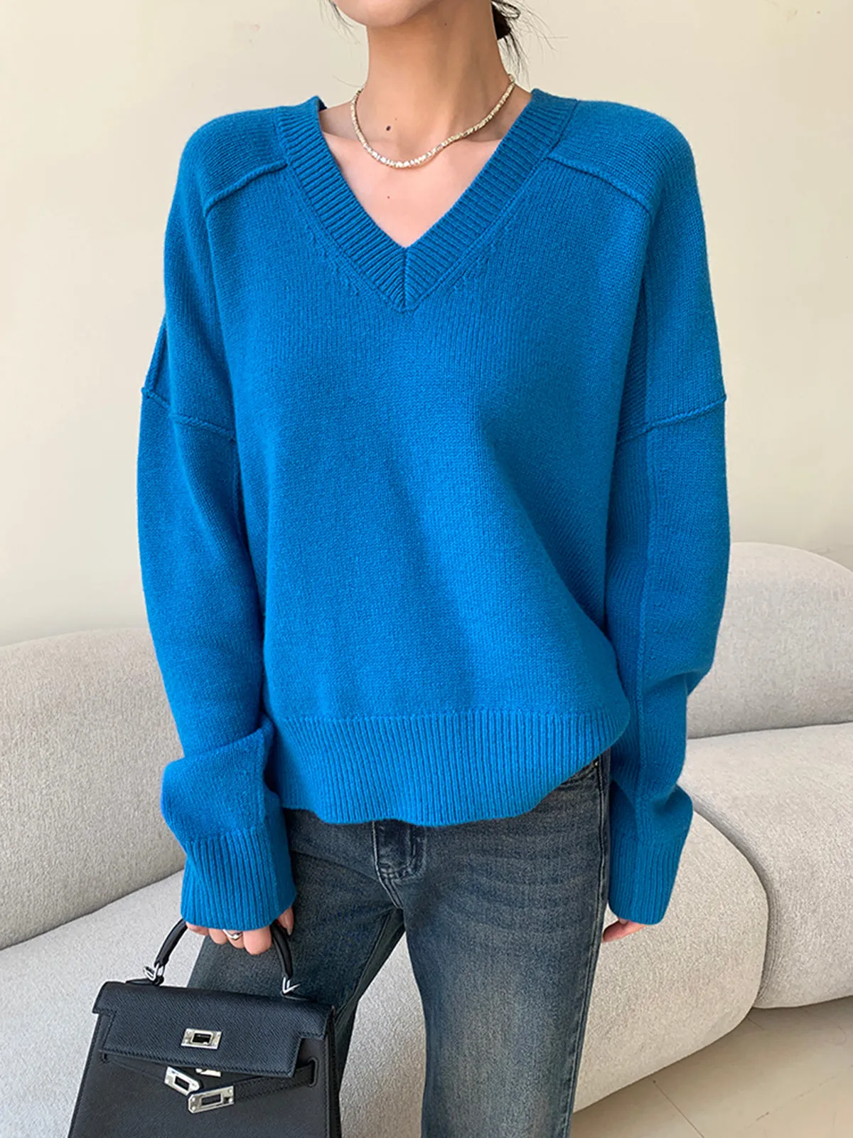 Plain V-Neck Shift Sweater sold by COMMENSE product image thumbnail 3