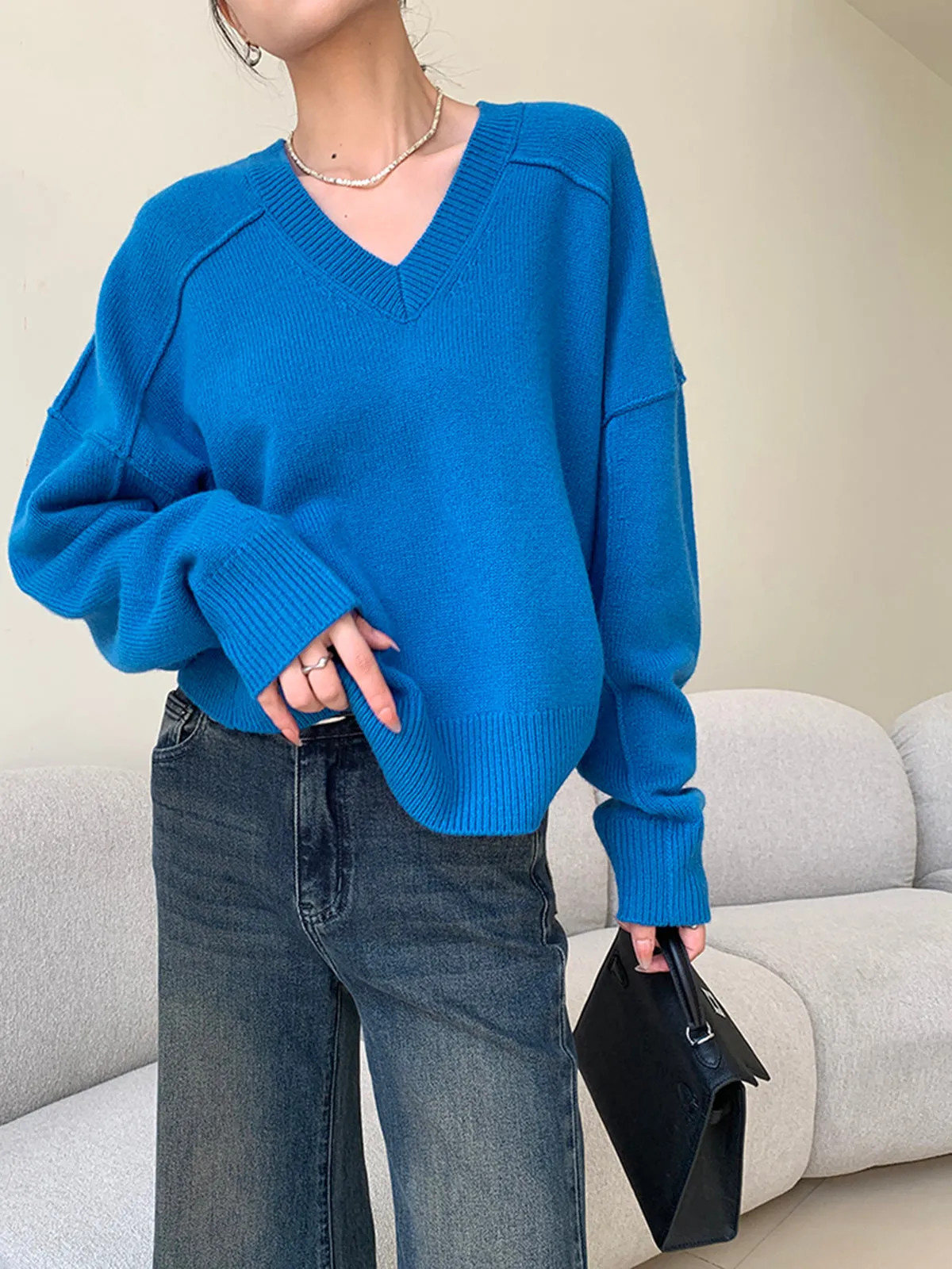 Plain V-Neck Shift Sweater sold by COMMENSE product image thumbnail 4