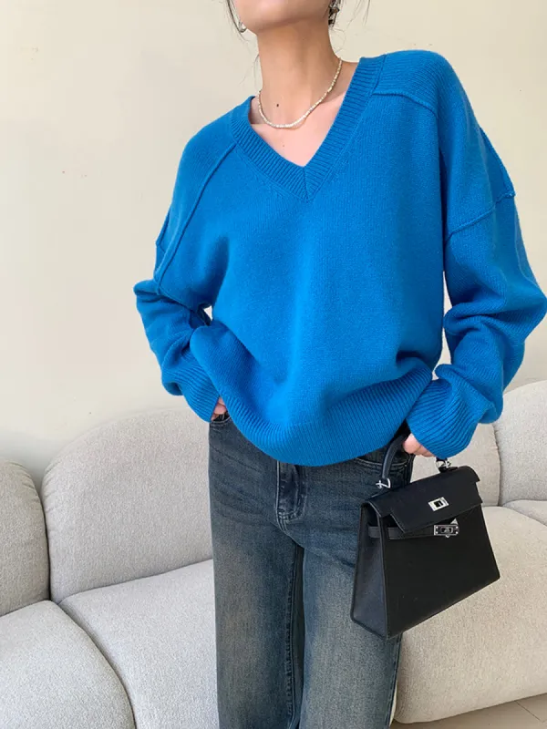 Plain V-Neck Shift Sweater sold by COMMENSE