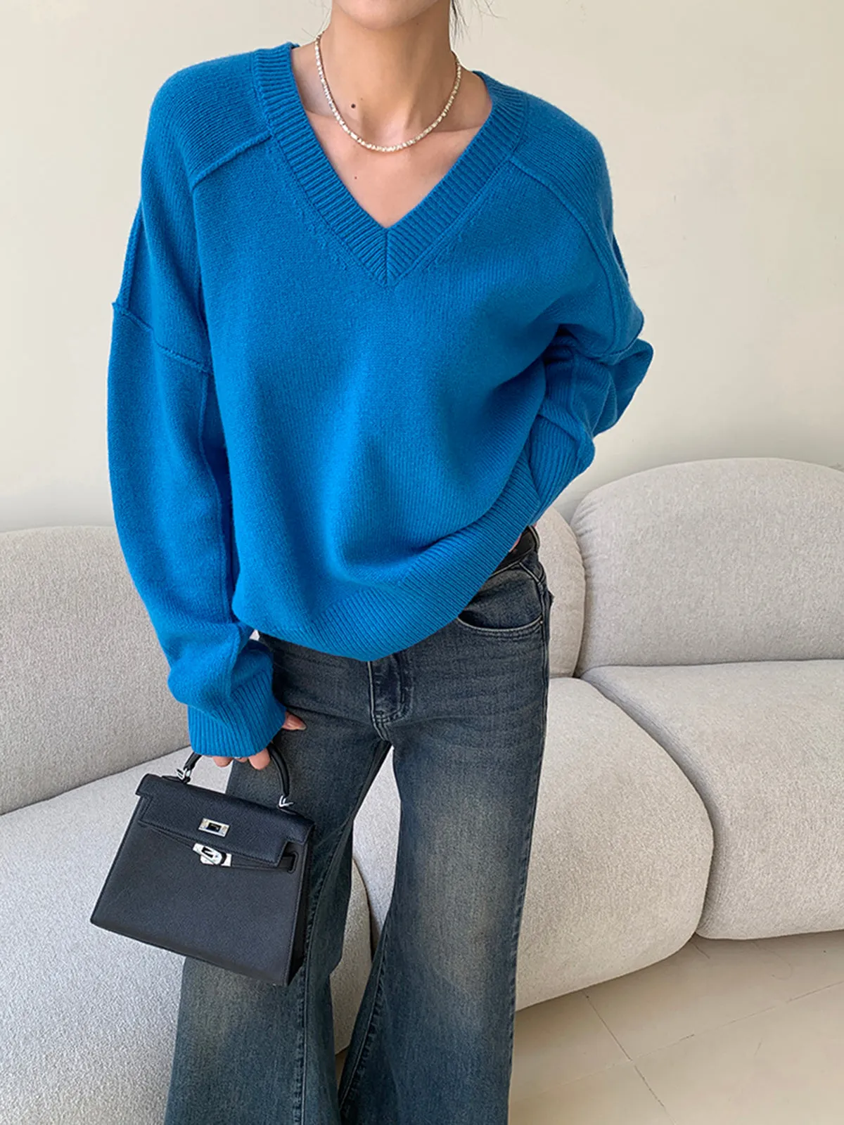 Plain V-Neck Shift Sweater sold by COMMENSE product image thumbnail 2