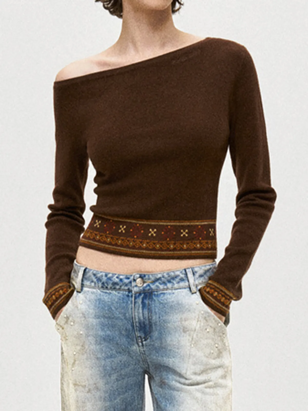 Wool-Blend Asymmetrical Crop Knit Top sold by COMMENSE product image thumbnail 5