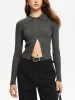 Ribbed Skinny Lapel Knit Top sold by COMMENSE