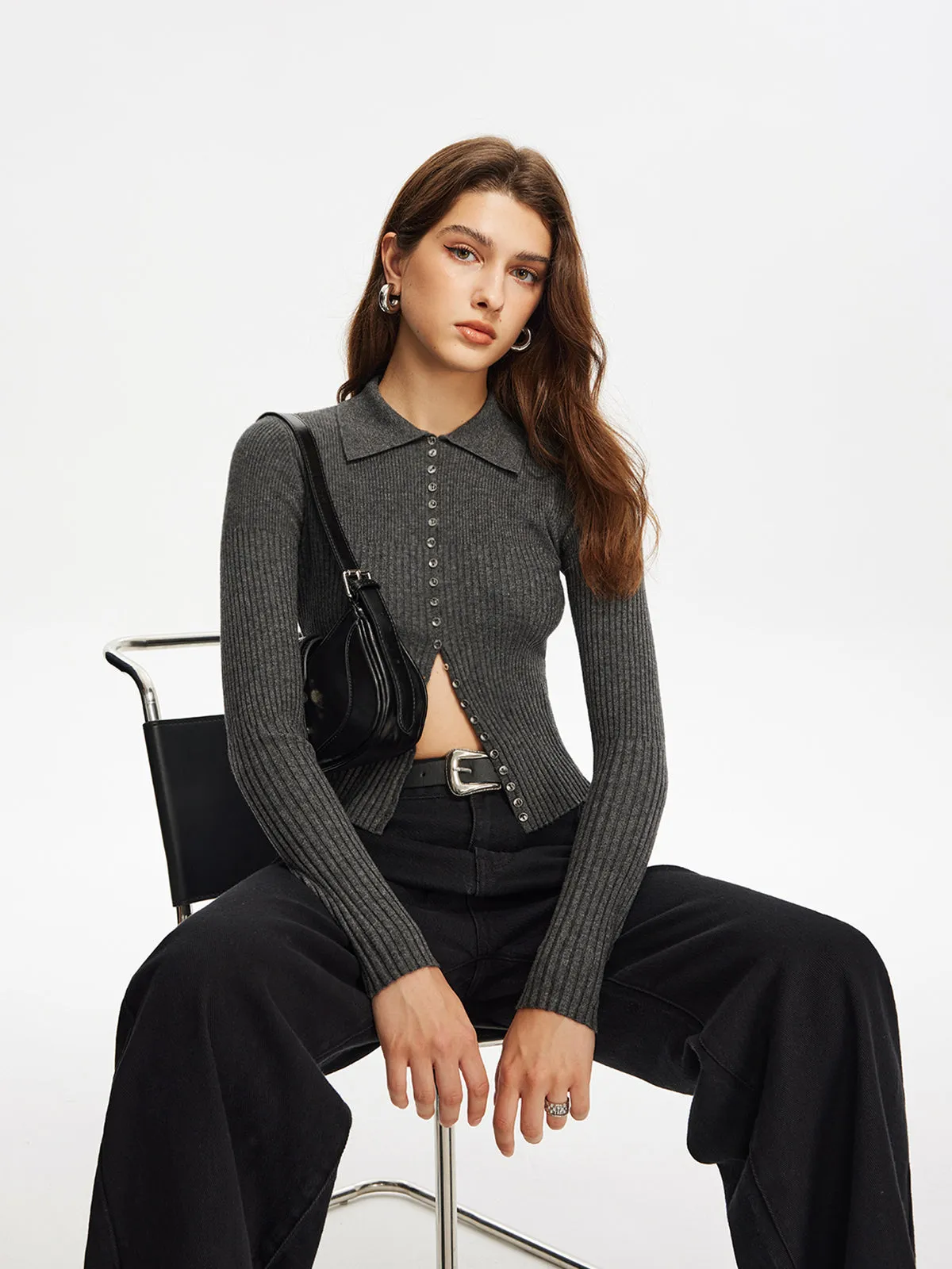 Ribbed Skinny Lapel Knit Top sold by COMMENSE product image thumbnail 5