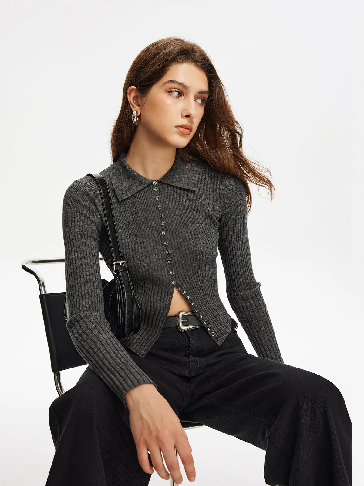 Ribbed Skinny Lapel Knit Top sold by COMMENSE product image thumbnail 2